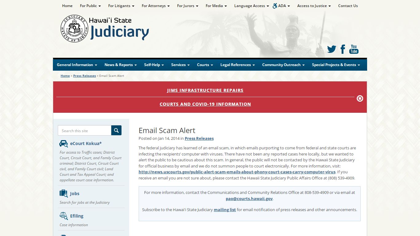 Judiciary | Email Scam Alert - courts.state.hi.us